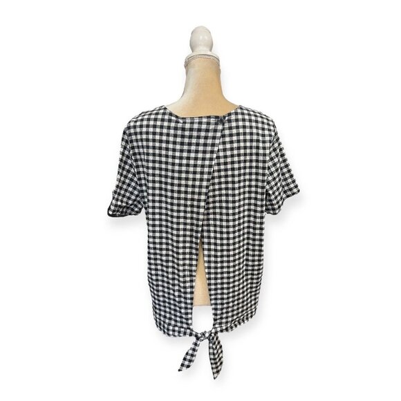 Pleione Gingham Print Blouse Size L Large Black and White Top Tie Back - Picture 3 of 7